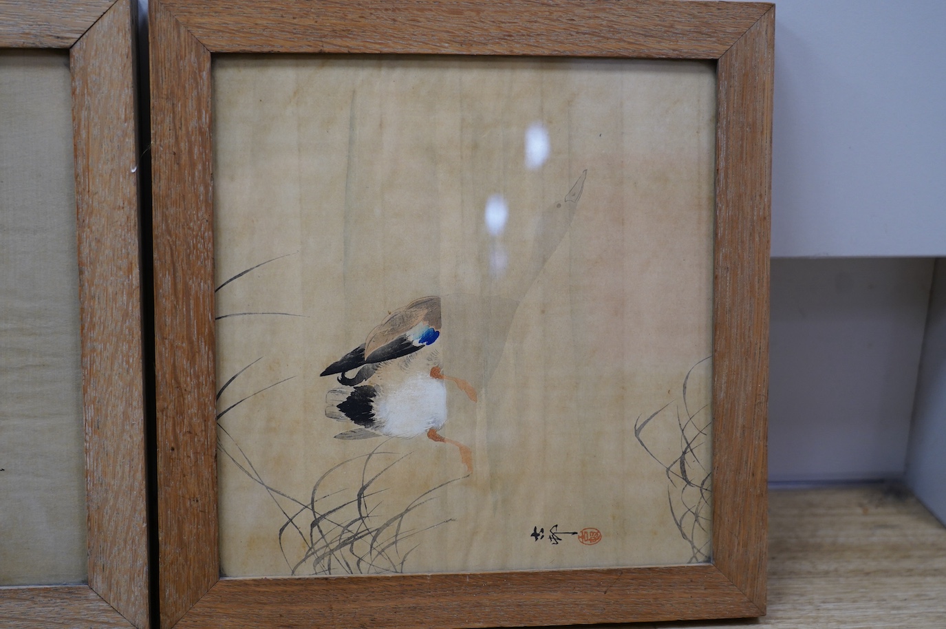 Ohara Koson (1877-1945), Japanese woodblock print, Study of a duck, together with another by Suian Hirafuku, Birds in flight, each 23 x 23cm. Condition - poor to fair